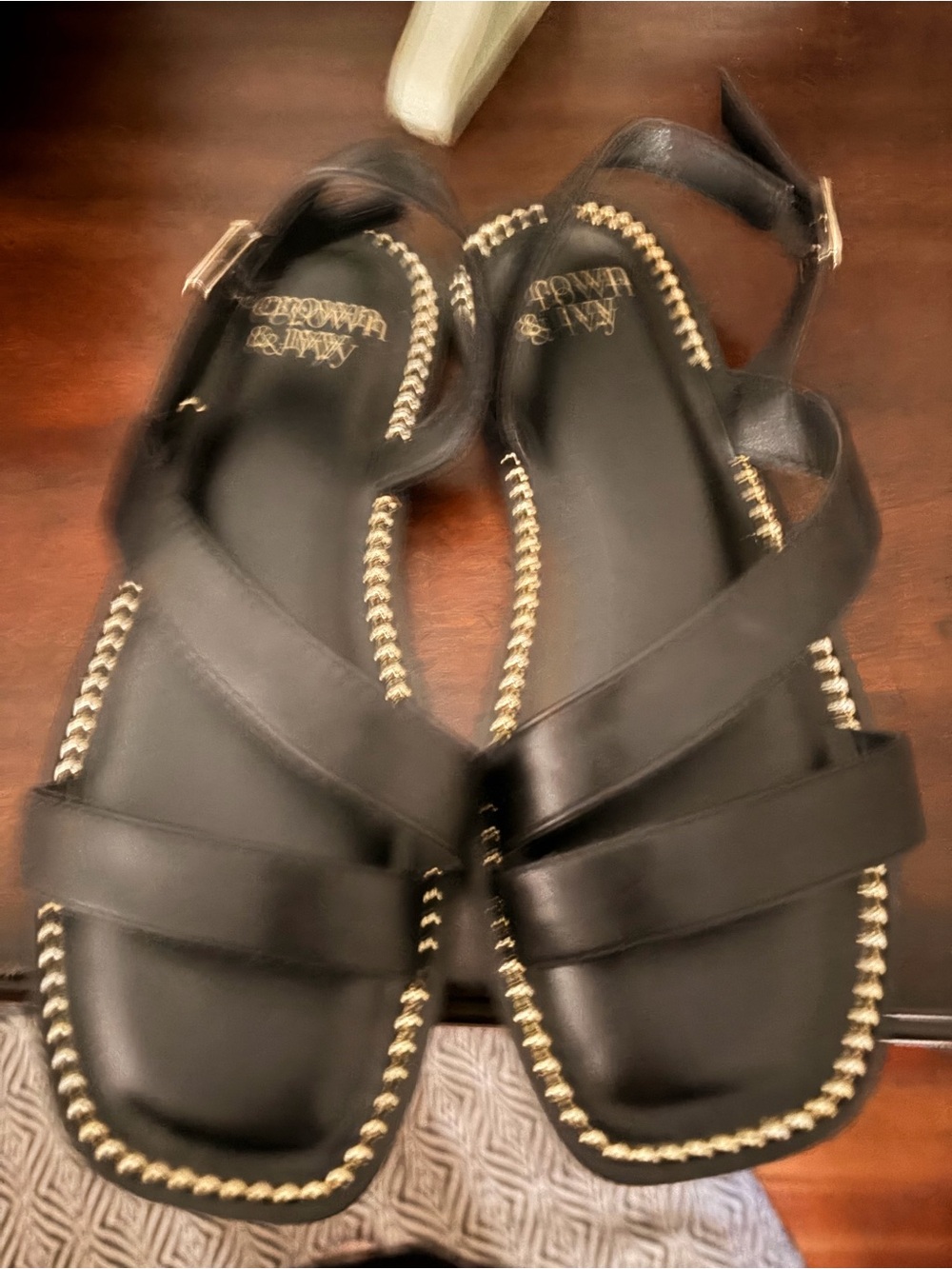 crown & ivy Black Sandals with Gold Braided Trim